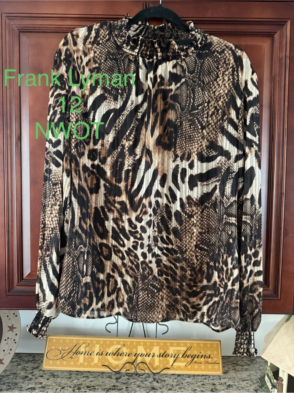 Frank Lyman Design Animal Mix Ruffle-Neck Blouse - Brown, Black, Cream